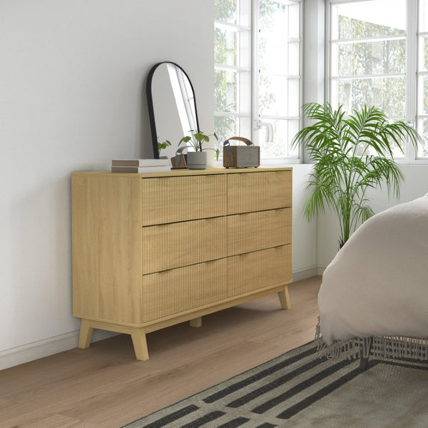 English Elm Homcom Fluted 6 Drawer Wide Dresser with Gold Pulls and Rubberwood Legs for Bedroom W2225P485638