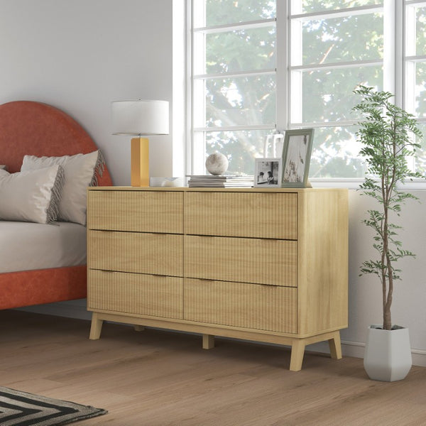 English Elm Homcom Fluted 6 Drawer Wide Dresser with Gold Pulls and Rubberwood Legs for Bedroom W2225P485638