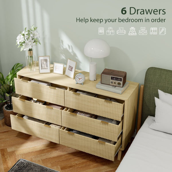 English Elm Homcom Fluted 6 Drawer Wide Dresser with Gold Pulls and Rubberwood Legs for Bedroom W2225P485638