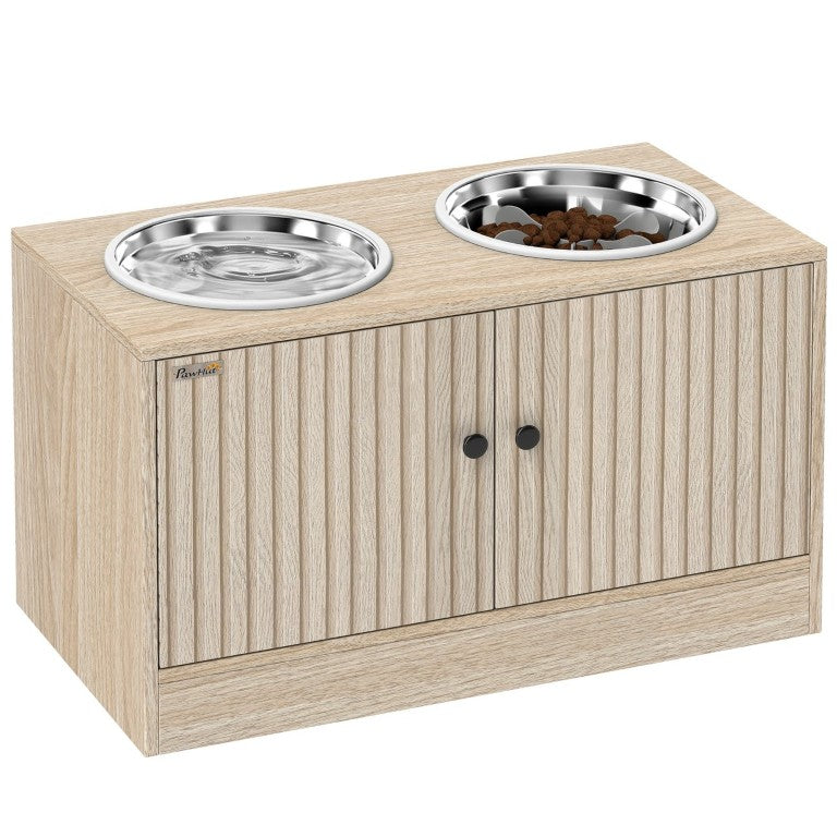 English Elm Pawhut Raised Pet Feeding Station with Oak Cabinet and Slow Feeder Bowls for Large Dogs W2225P595790