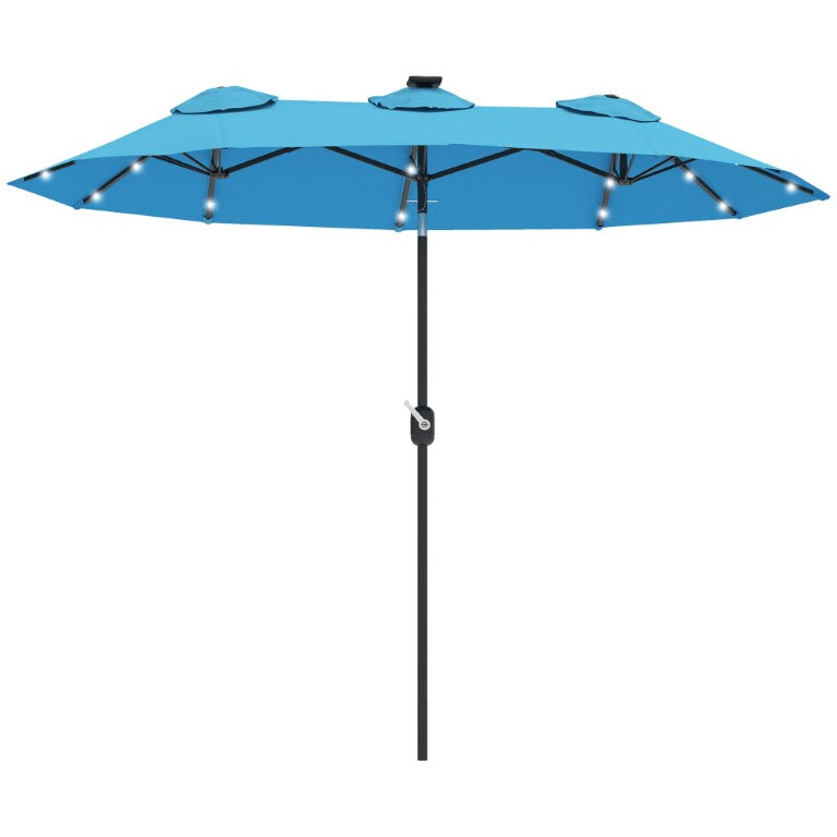 English Elm Outsunny Solar LED Patio Market Umbrella with Wind Vents Tilt Crank Coastal Blue W2225P595794