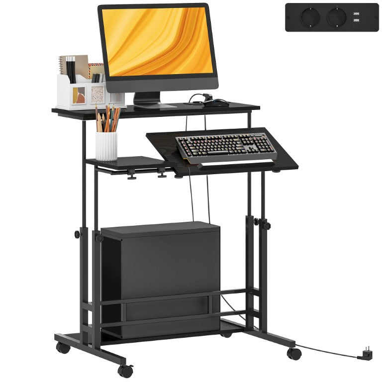 English Elm Homcom Rolling Standing Desk with Tiltable Top Power Outlets and Adjustable Height W2225P595801