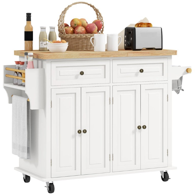 English Elm Homcom Rolling Kitchen Island Rubberwood Top Cart with Drawers Cabinets Spice Rack W2225P595807
