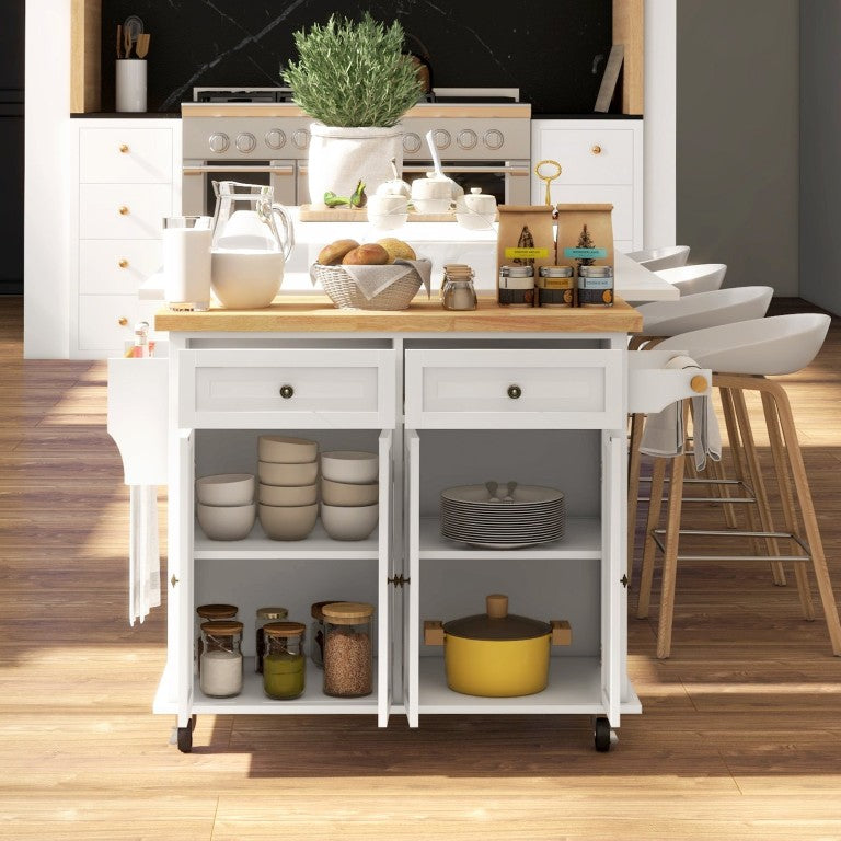 English Elm Homcom Rolling Kitchen Island Rubberwood Top Cart with Drawers Cabinets Spice Rack W2225P595807