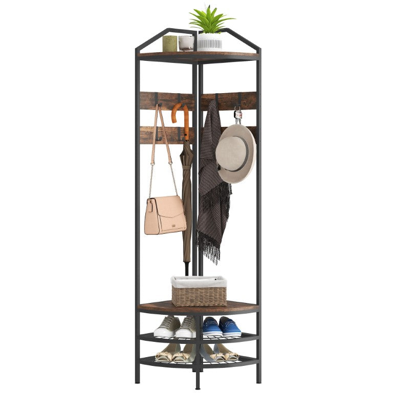 English Elm Homcom Industrial Corner Hall Tree with Steel Frame 8 Hooks and Rustic Wood Shelving W2225P595809