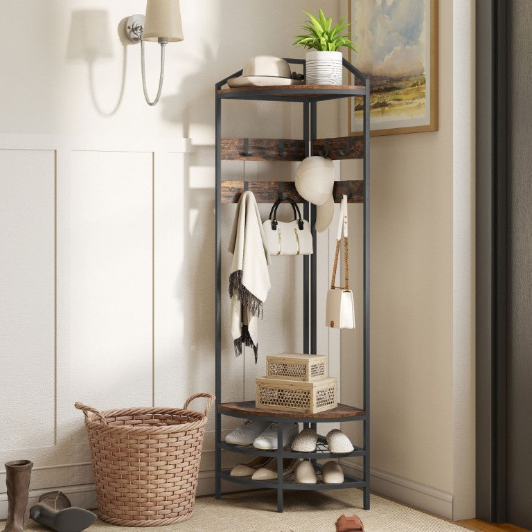 English Elm Homcom Industrial Corner Hall Tree with Steel Frame 8 Hooks and Rustic Wood Shelving W2225P595809