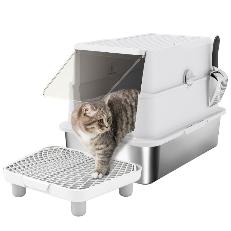 English Elm Pawhut Stainless Steel Enclosed XL Cat Litter Box with Flip Lid Scoop Odor Control W2225P595820