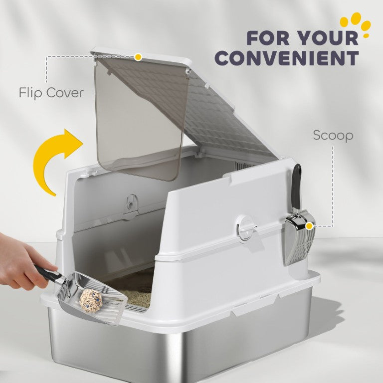 English Elm Pawhut Stainless Steel Enclosed XL Cat Litter Box with Flip Lid Scoop Odor Control W2225P595820