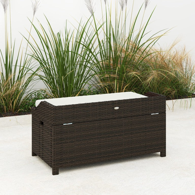 English Elm Outsunny PE Rattan Outdoor Storage Bench with Waterproof Liner and Seat Cushion W2225P595825