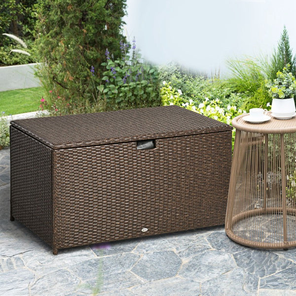 English Elm Outsunny 113 Gallon PE Rattan Deck Box with Waterproof Liner and Gas Spring Lid W2225P595831