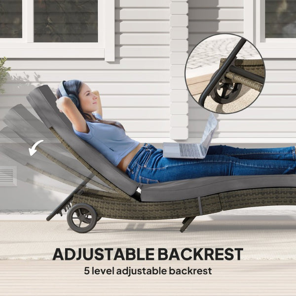 English Elm Outsunny PE Rattan Outdoor Chaise Lounge with Wheels and 5-Position Adjustable Backrest W2225P595841