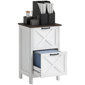 English Elm Homcom Farmhouse Vertical Filing Cabinet with Barn Doors Silent Drawers Printer Stand Brown+Distressed White W2225P596897
