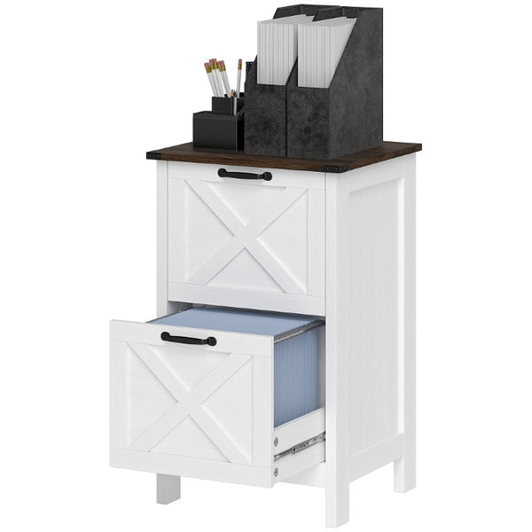 English Elm Homcom Farmhouse Vertical Filing Cabinet with Barn Doors Silent Drawers Printer Stand Brown+Distressed White W2225P596897