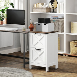 English Elm Homcom Farmhouse Vertical Filing Cabinet with Barn Doors Silent Drawers Printer Stand Brown+Distressed White W2225P596897