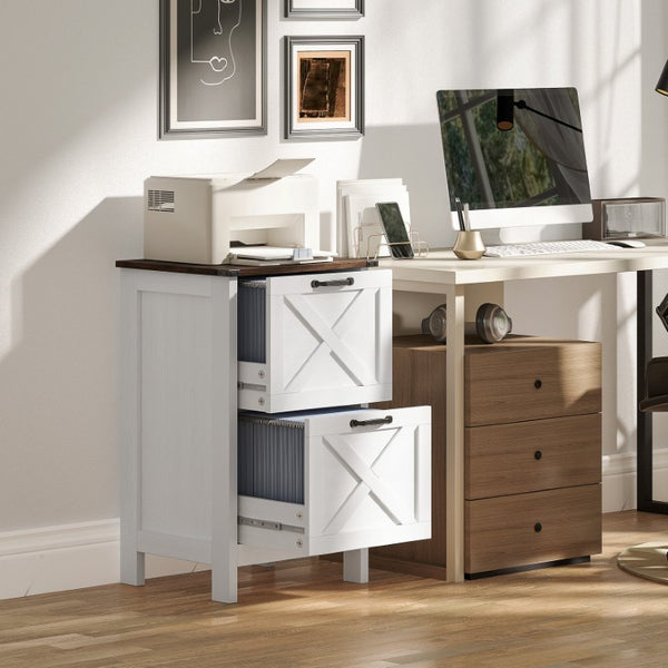 English Elm Homcom Farmhouse Vertical Filing Cabinet with Barn Doors Silent Drawers Printer Stand Brown+Distressed White W2225P596897