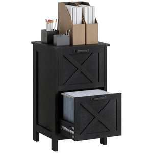 English Elm Homcom Farmhouse Vertical Filing Cabinet with Barn Doors Silent Drawers Printer Stand Distressed Black W2225P596902