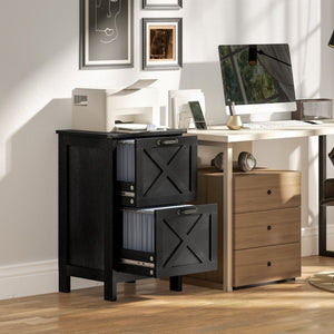 English Elm Homcom Farmhouse Vertical Filing Cabinet with Barn Doors Silent Drawers Printer Stand Distressed Black W2225P596902