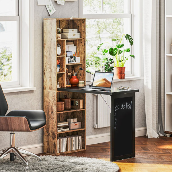 English Elm Homcom Wall Mounted Murphy Desk with Chalkboard Cabinet and Shelves for Small Spaces W2225P596908