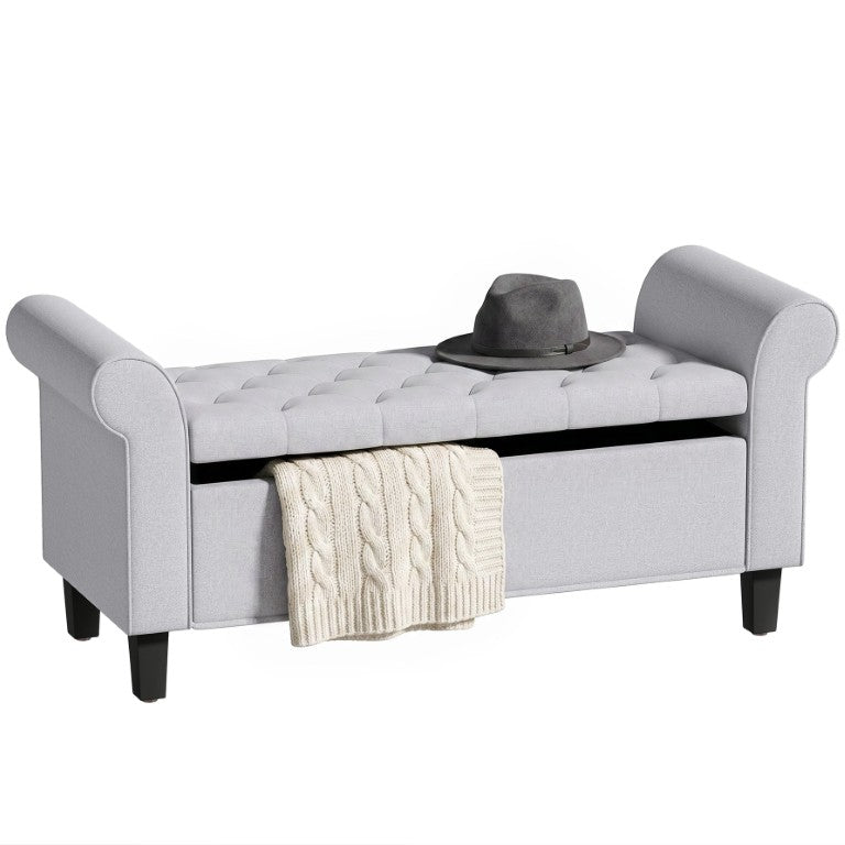 English Elm Homcom Tufted Storage Bench with Rolled Arms Safety Hinge and Linen Upholstery Light Gray W2225P596924