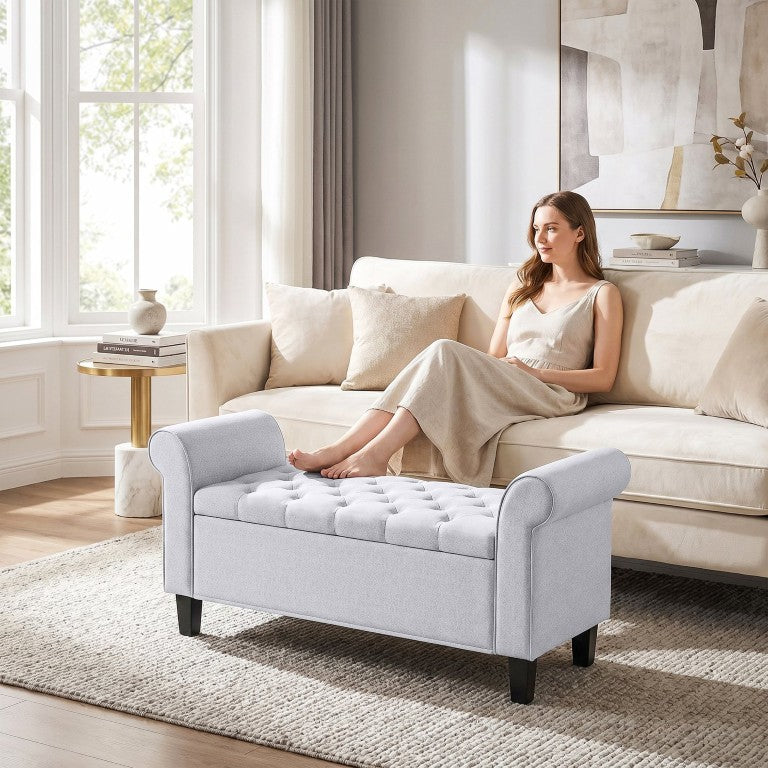 English Elm Homcom Tufted Storage Bench with Rolled Arms Safety Hinge and Linen Upholstery Light Gray W2225P596924