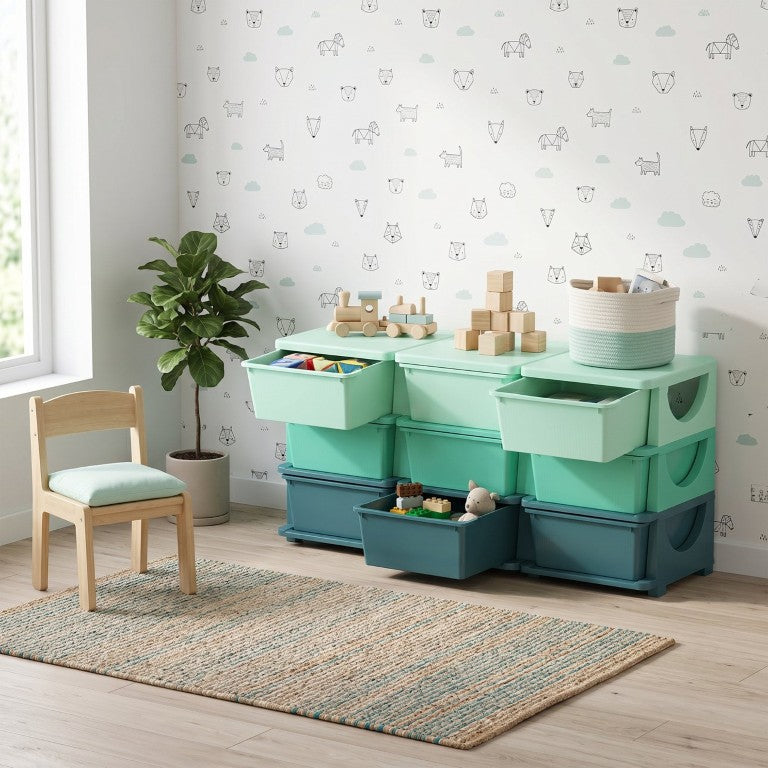 English Elm Qaba 9 Drawer Kids Toy Organizer Three Tier Stackable Chest for Playroom Nursery W2225P596938