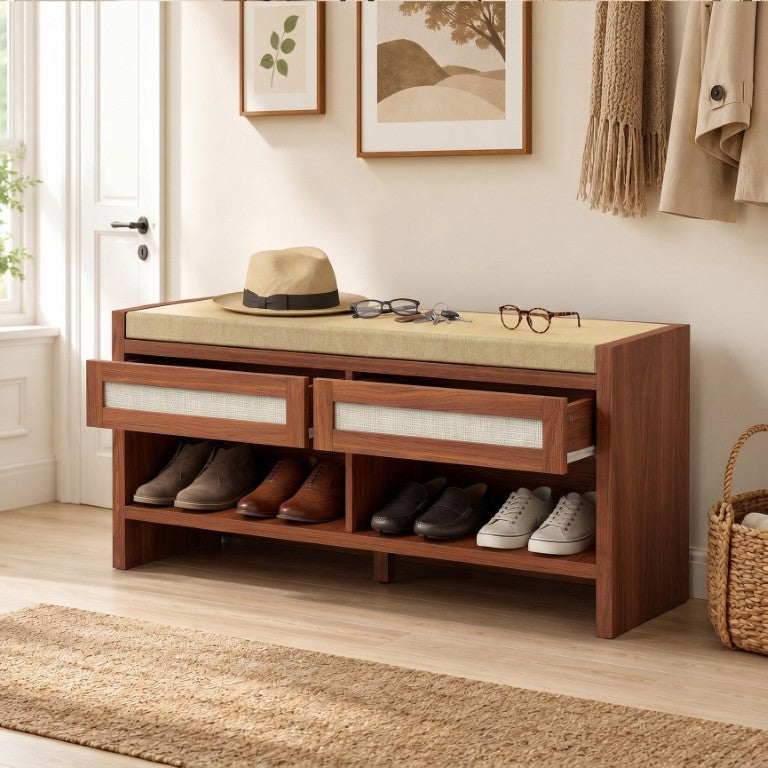 English Elm Homcom Boho Entryway Bench with Rattan Drawers Open Shoe Shelf and Cushioned Seat W2225P596958