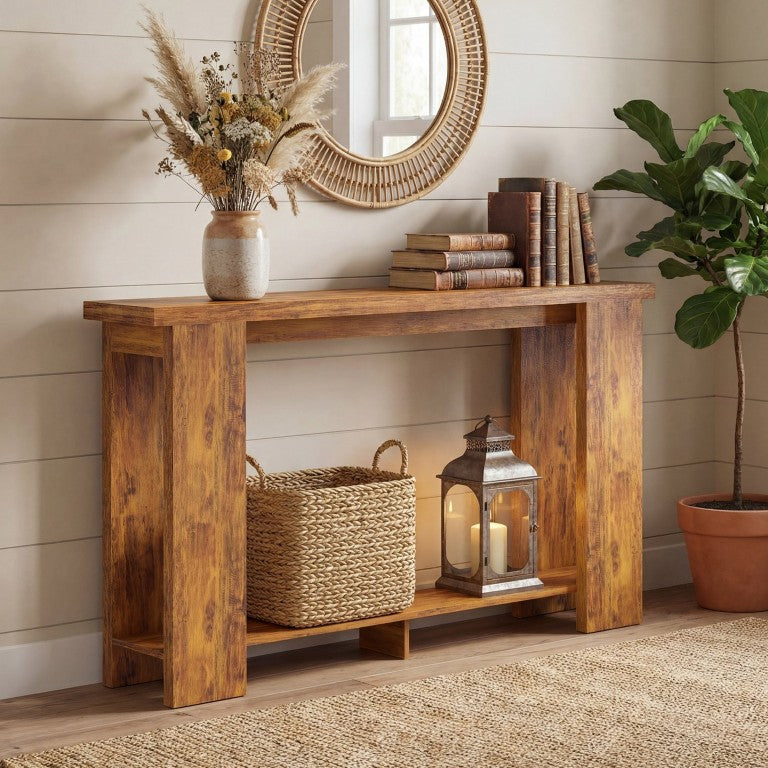 English Elm Homcom Farmhouse Console Table with Open Shelf Rustic Distressed Finish Narrow Entryway Brown+Distressed White W2225P596960