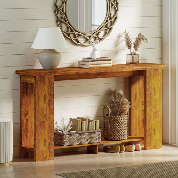 English Elm Homcom Farmhouse Console Table with Open Shelf Rustic Distressed Finish Narrow Entryway Brown+Distressed White W2225P596960