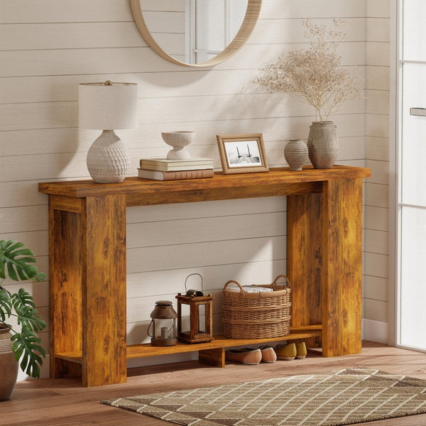 English Elm Homcom Farmhouse Console Table with Open Shelf Rustic Distressed Finish Narrow Entryway Brown+Distressed White W2225P596960