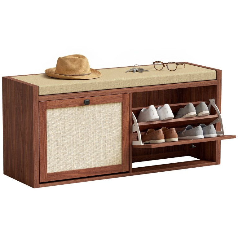 English Elm Homcom Rattan Two Cabinet Entryway Bench with Cushioned Seat Hidden Shoe Storage W2225P596961