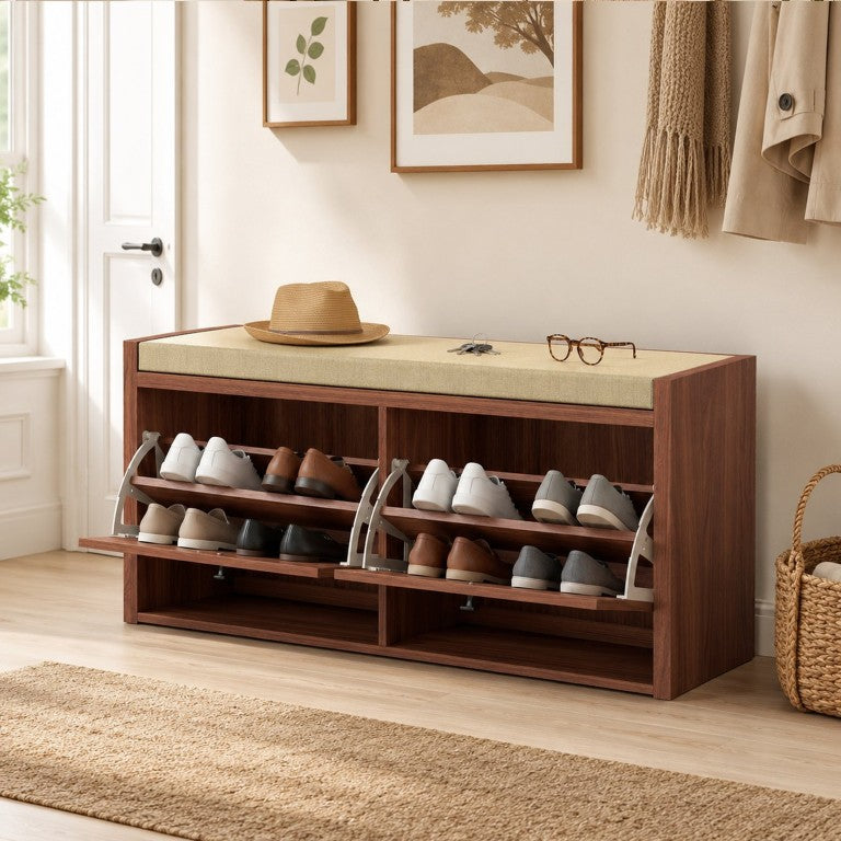 English Elm Homcom Rattan Two Cabinet Entryway Bench with Cushioned Seat Hidden Shoe Storage W2225P596961