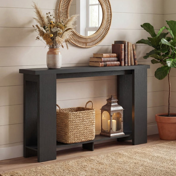 English Elm Homcom Farmhouse Console Table with Open Shelf Rustic Distressed Finish Narrow Entryway Distressed Black W2225P596962