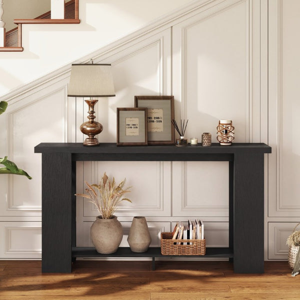 English Elm Homcom Farmhouse Console Table with Open Shelf Rustic Distressed Finish Narrow Entryway Distressed Black W2225P596962