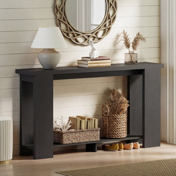English Elm Homcom Farmhouse Console Table with Open Shelf Rustic Distressed Finish Narrow Entryway Distressed Black W2225P596962