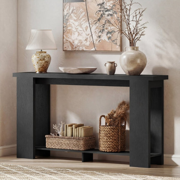 English Elm Homcom Farmhouse Console Table with Open Shelf Rustic Distressed Finish Narrow Entryway Distressed Black W2225P596962