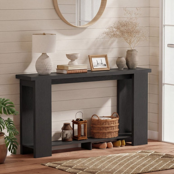English Elm Homcom Farmhouse Console Table with Open Shelf Rustic Distressed Finish Narrow Entryway Distressed Black W2225P596962
