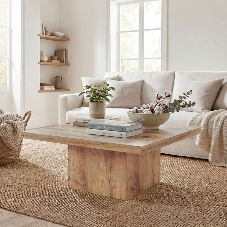 English Elm Homcom Square Coffee Table with Wood Grain Finish and Thick Solid Top for Living Room W2225P596970
