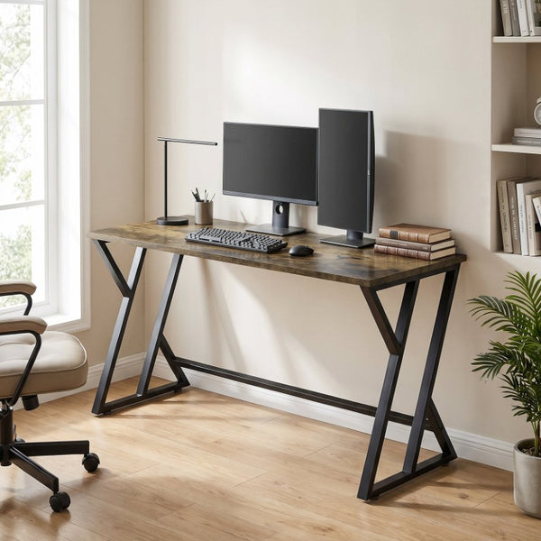 English Elm Homcom 55 Inch Industrial Writing Desk with Z Frame Steel Base for Home Office Deep Rustic Brown W2225P596979
