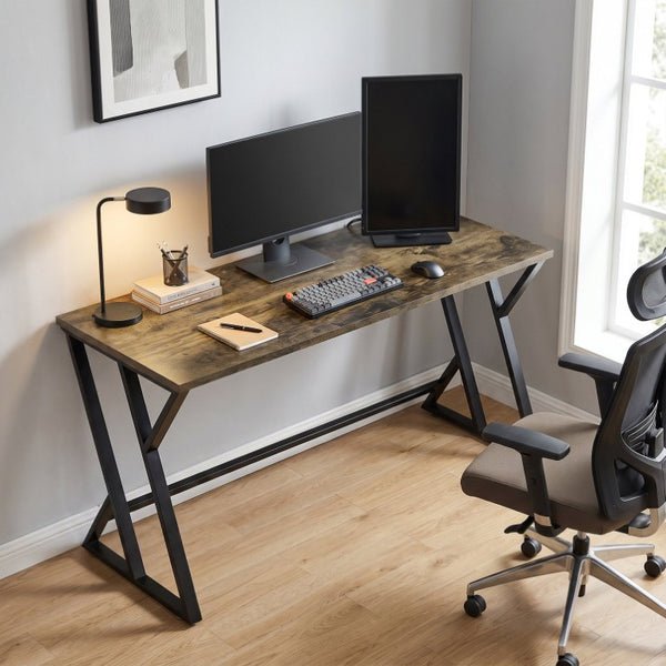 English Elm Homcom 55 Inch Industrial Writing Desk with Z Frame Steel Base for Home Office Deep Rustic Brown W2225P596979