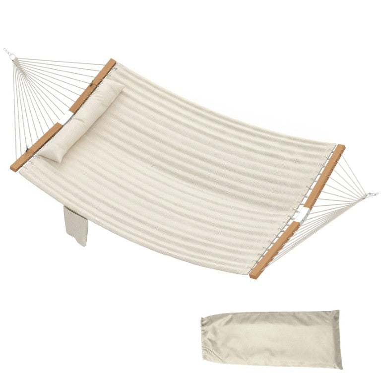 English Elm Outsunny 2 Person Quilted Hammock with Beechwood Bars and Pillow for Patio Yard Creamy White W2225P596983