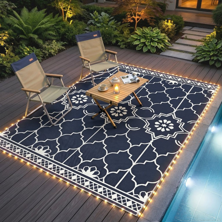 English Elm Outsunny LED Lit PP Straw Reversible Mat for Camping Backyard Beach Deck 10X8 Ft W2225P596984