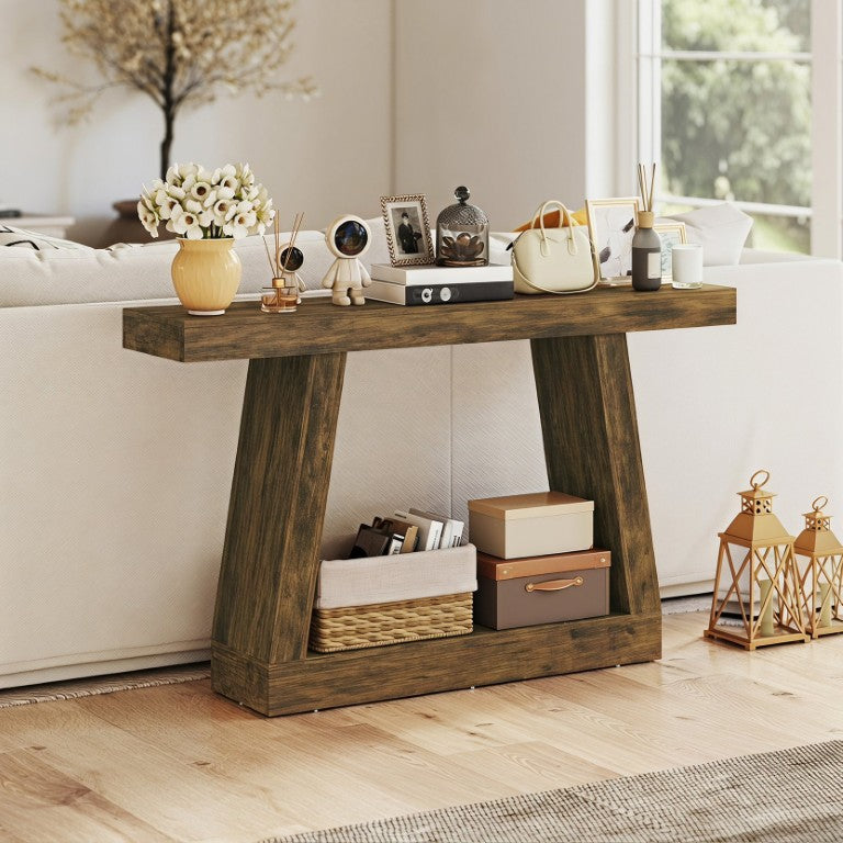 English Elm Homcom Rustic Brown Farmhouse Console Table with Open Shelf for Entryway or Hallway W2225P597001
