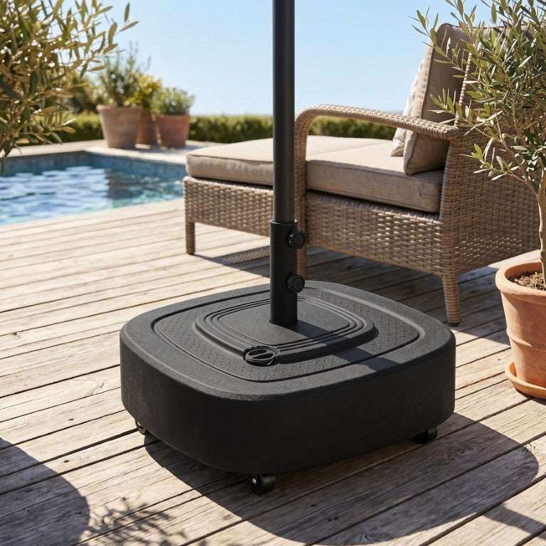 English Elm Outsunny Wheeled Patio Umbrella Base Fillable Sand Water HDPE Woodgrain Stand Black W2225P597016