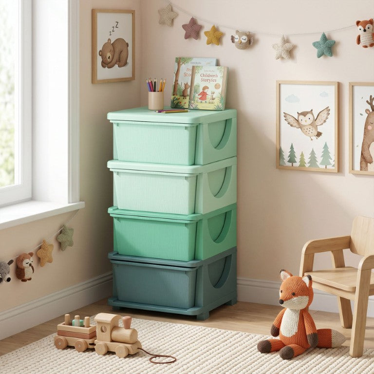 English Elm Qaba Stackable 4 Bin Kids Toy Organizer Chest for Playroom Nursery or Bedroom W2225P597044