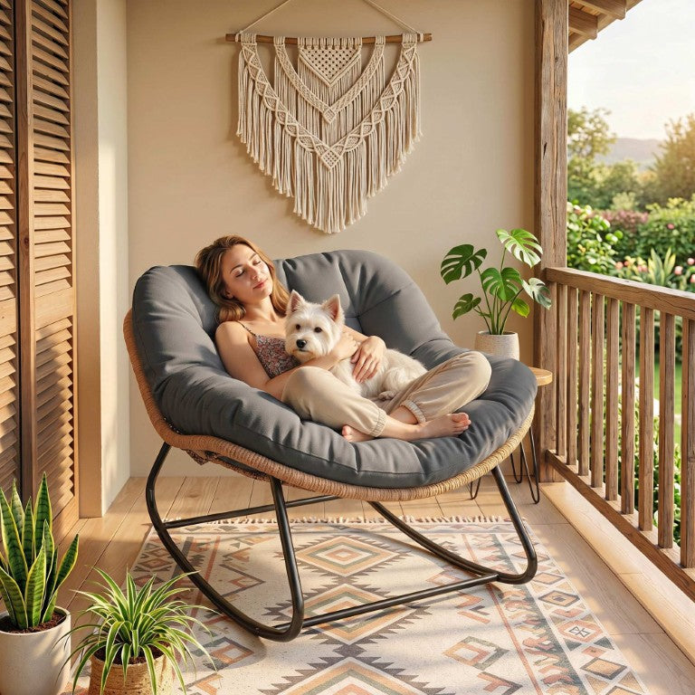 English Elm Outsunny Wicker Papasan Rocking Chair PE Rattan Egg Bowl Seat for Patio or Living Room Dark Gray W2225P597060