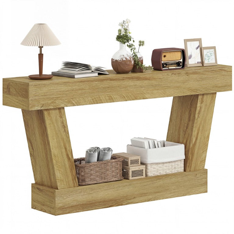 English Elm Homcom 63 Inch Distressed Vintage Console Table with Lower Shelf for Hallway or Sofa Oak Open Shelf W2225P597094