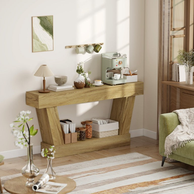 English Elm Homcom 63 Inch Distressed Vintage Console Table with Lower Shelf for Hallway or Sofa Oak Open Shelf W2225P597094