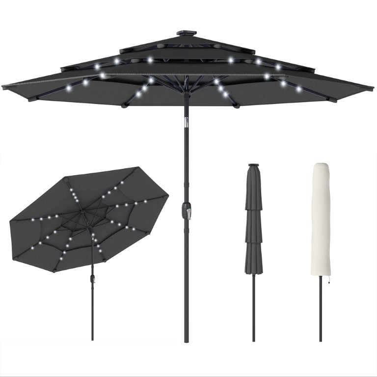English Elm Outsunny 9.7 Ft Solar LED Patio Umbrella with Vented Three Tier Canopy and Crank Black W2225P597110