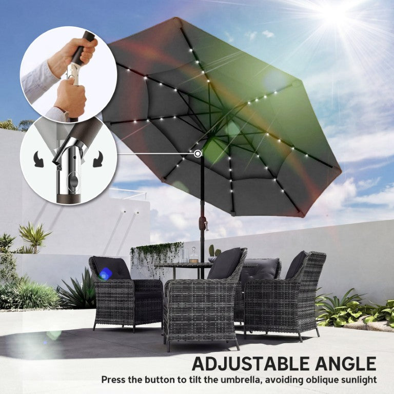English Elm Outsunny 9.7 Ft Solar LED Patio Umbrella with Vented Three Tier Canopy and Crank Black W2225P597110