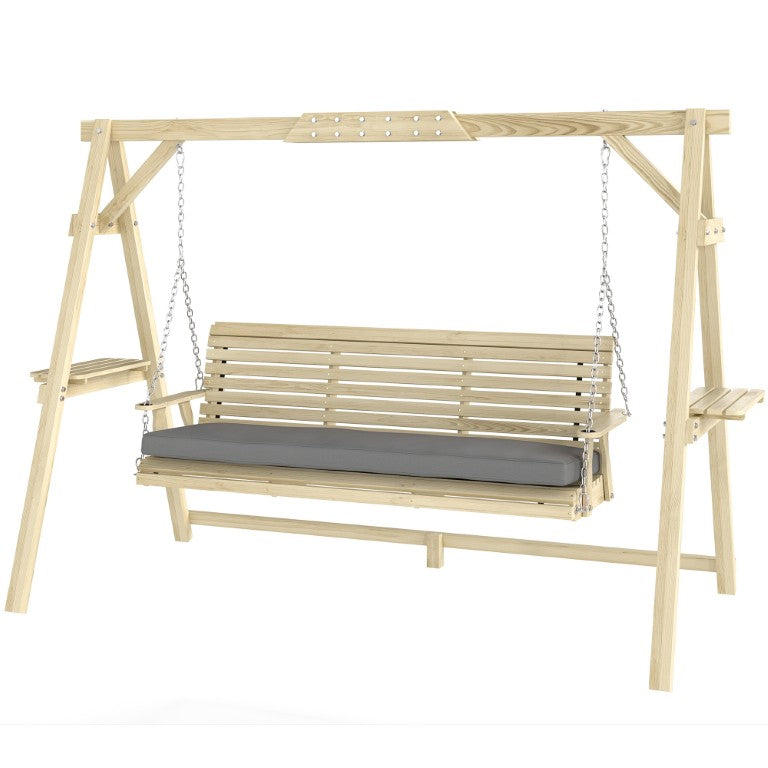 English Elm Outsunny 3 Person Fir Wood Porch Swing with Stand Side Trays and Cushion Outdoor W2225P597139